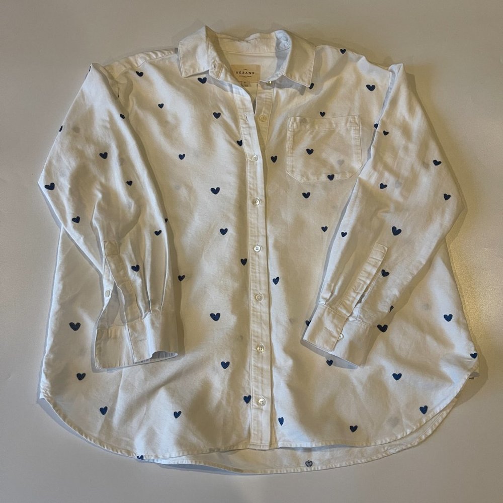 Sezane White Button-Down Shirt with Blue Heart Print - Picture 2 of 9